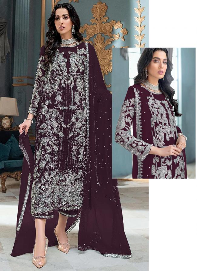 Georgette Wine Eid Wear Embroidery Work Pakistani Suit